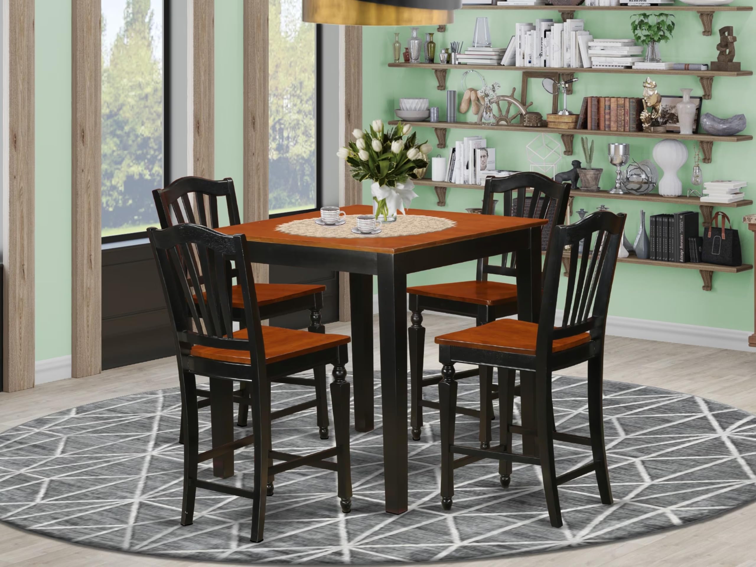 PBCH5-BLK-W 5 Piece Kitchen Counter Height Dining Table Set Includes a Square Dining