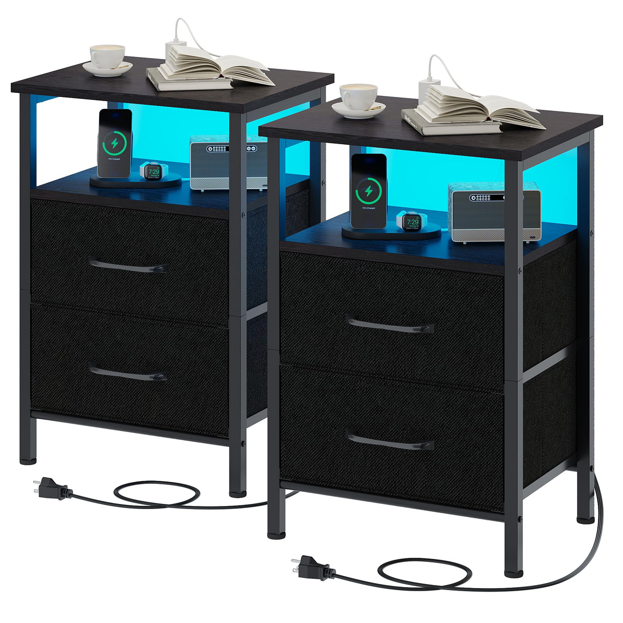 Nightstands Set of 2, Night Stand with Charging Station and Led Lights, Bedside Table