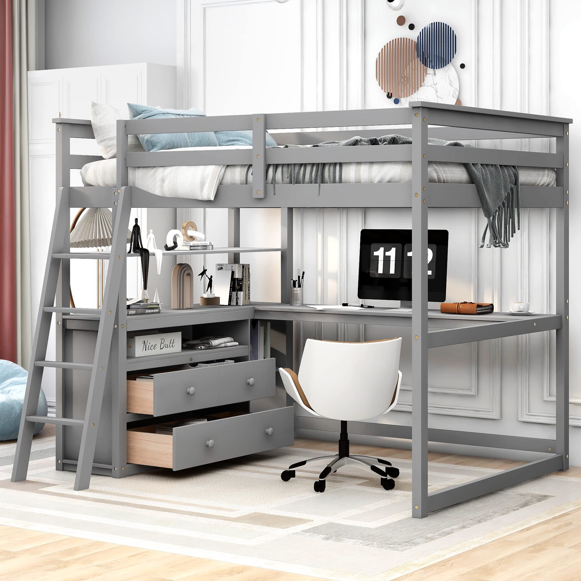 Full Size Loft Bed with Desk Wood Loft Bed Frame with Shelves, and 2 Built-in Drawers