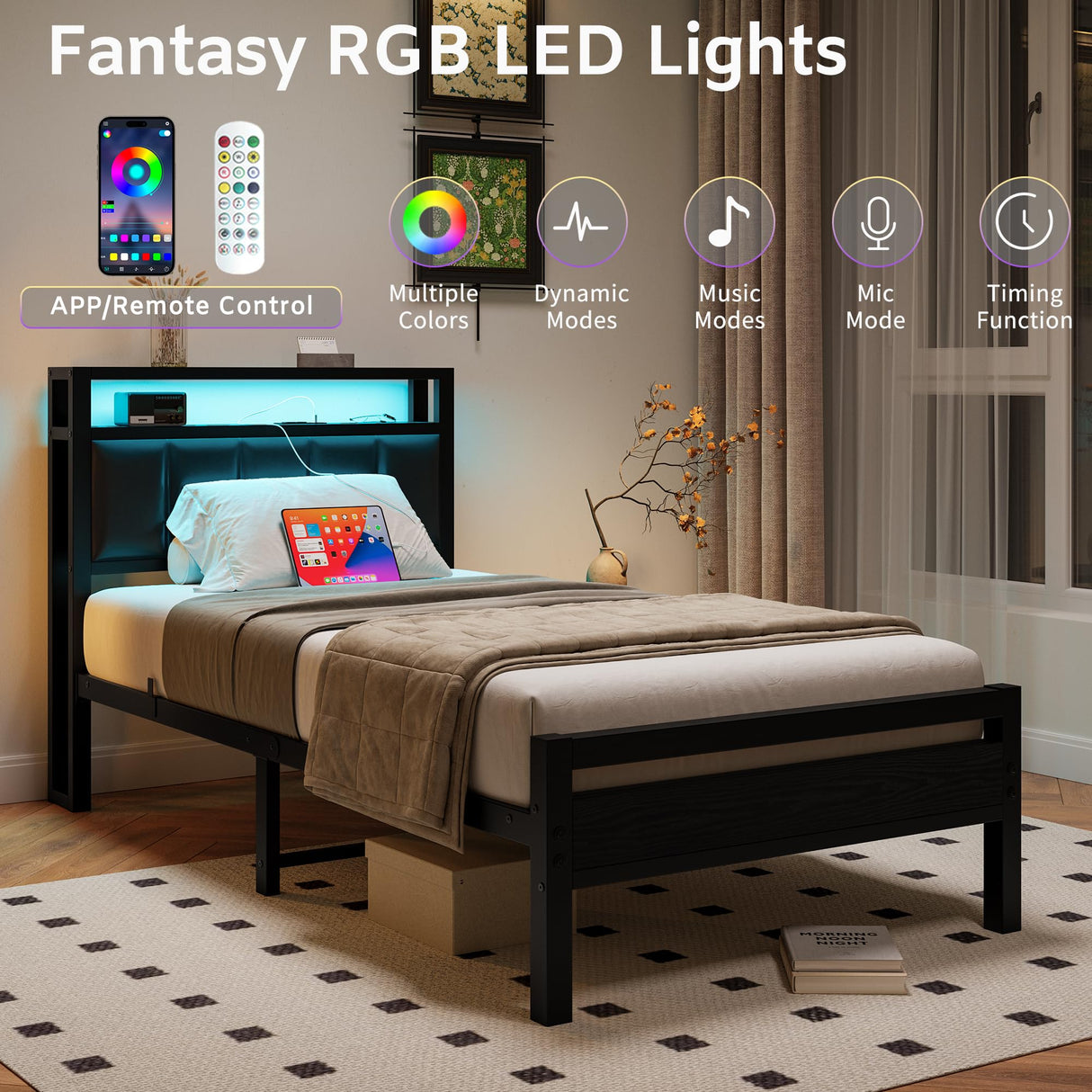 Twin Bed Frame with Charging Station & LED Lights