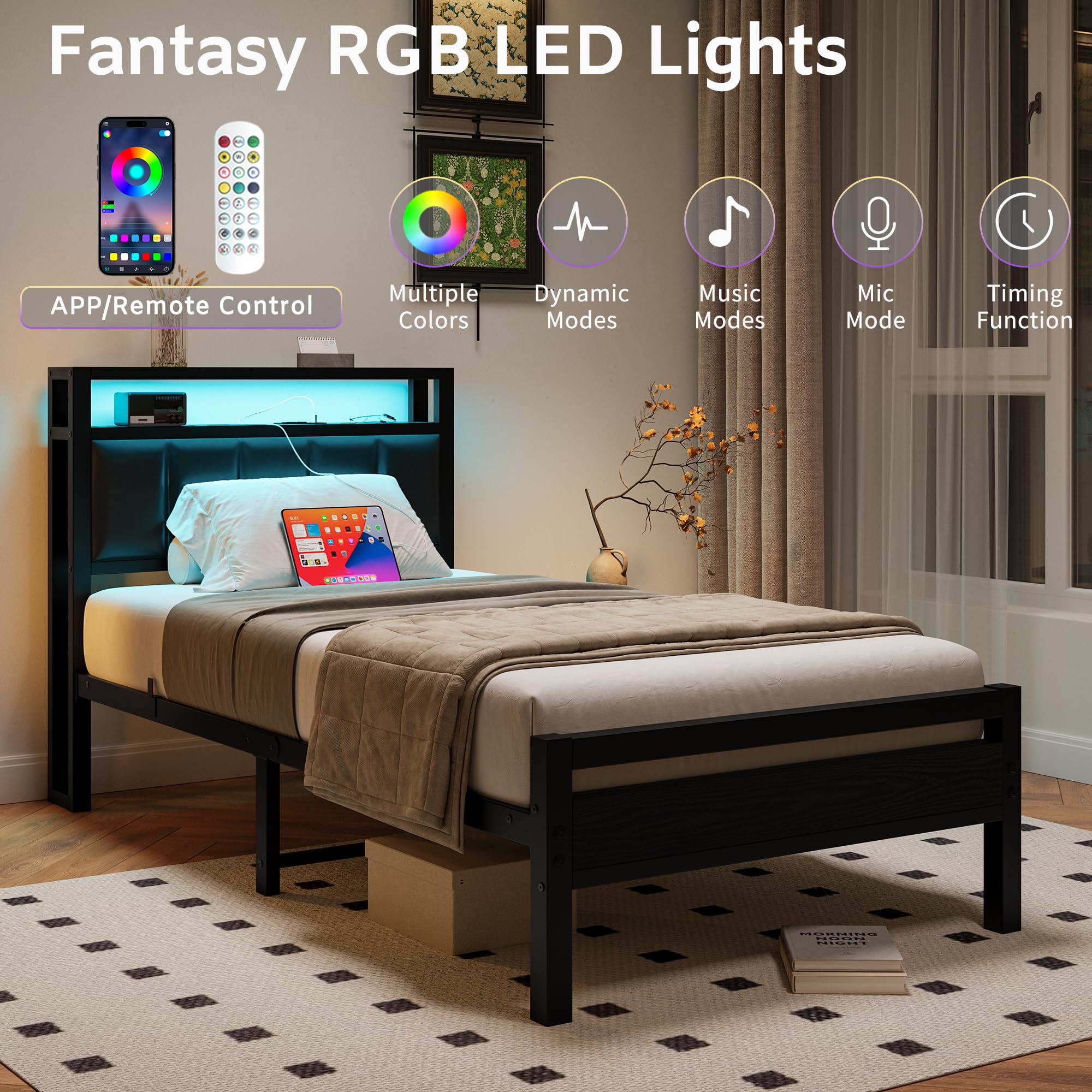 Twin Bed Frame with Charging Station & LED Lights