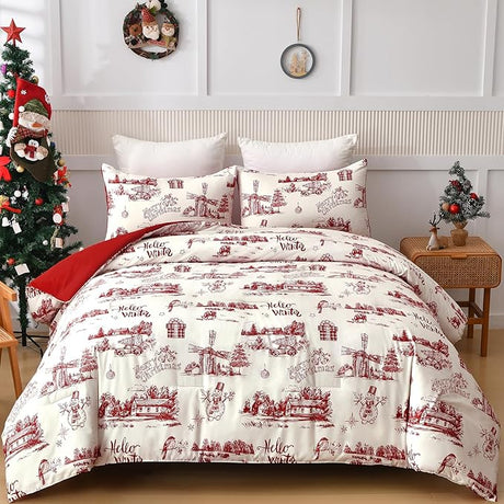 Christmas Comforter Set Queen Size, Green White Snowflake Christmas Tree Printed