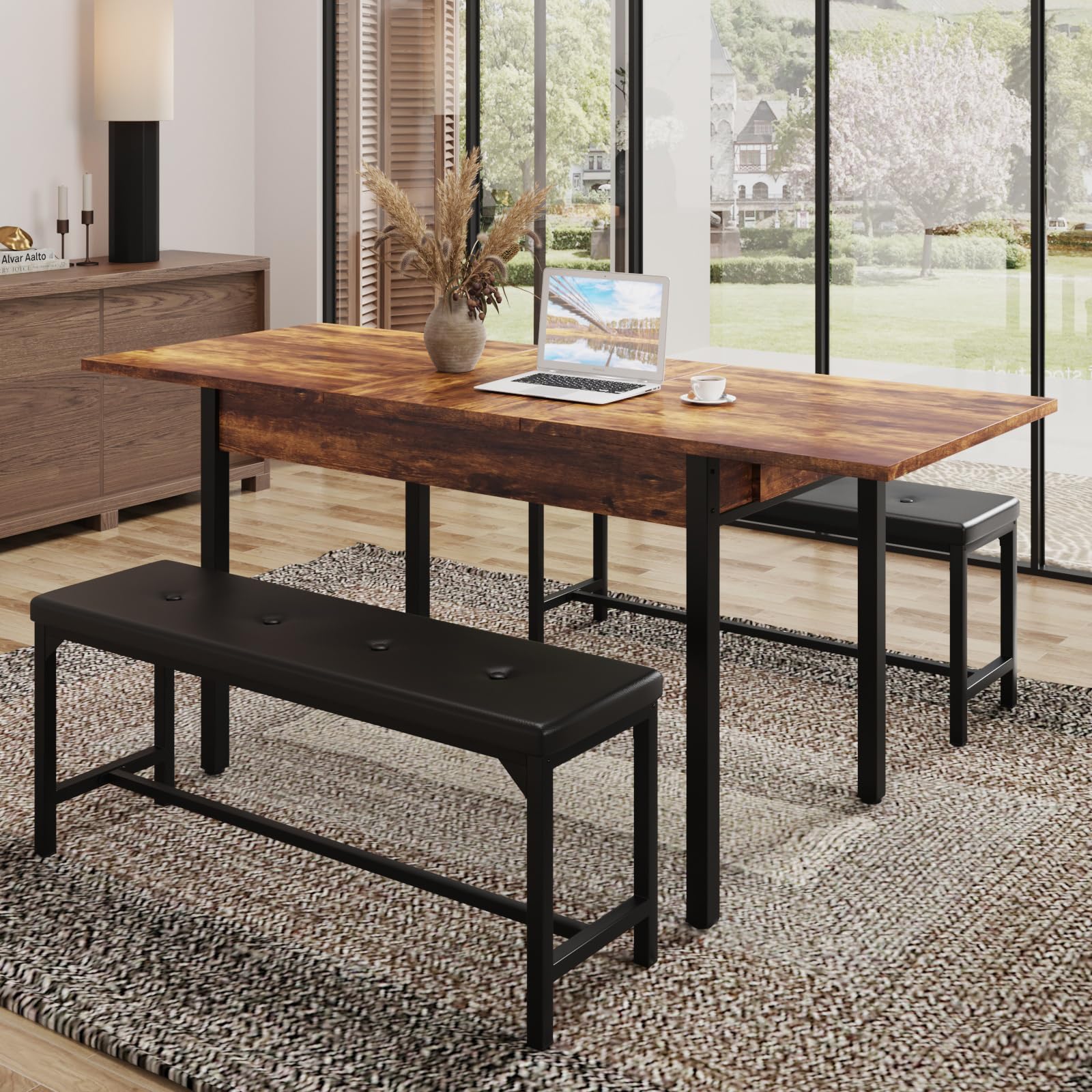 Halitaa 3-Piece Dining Table Set for 4-8, Kitchen Table Set with Metal Frame & Wooden Board，63" Extendable Dining Room Table Set with Drawer and 2 Upholstered Benches (Rustic Brown)