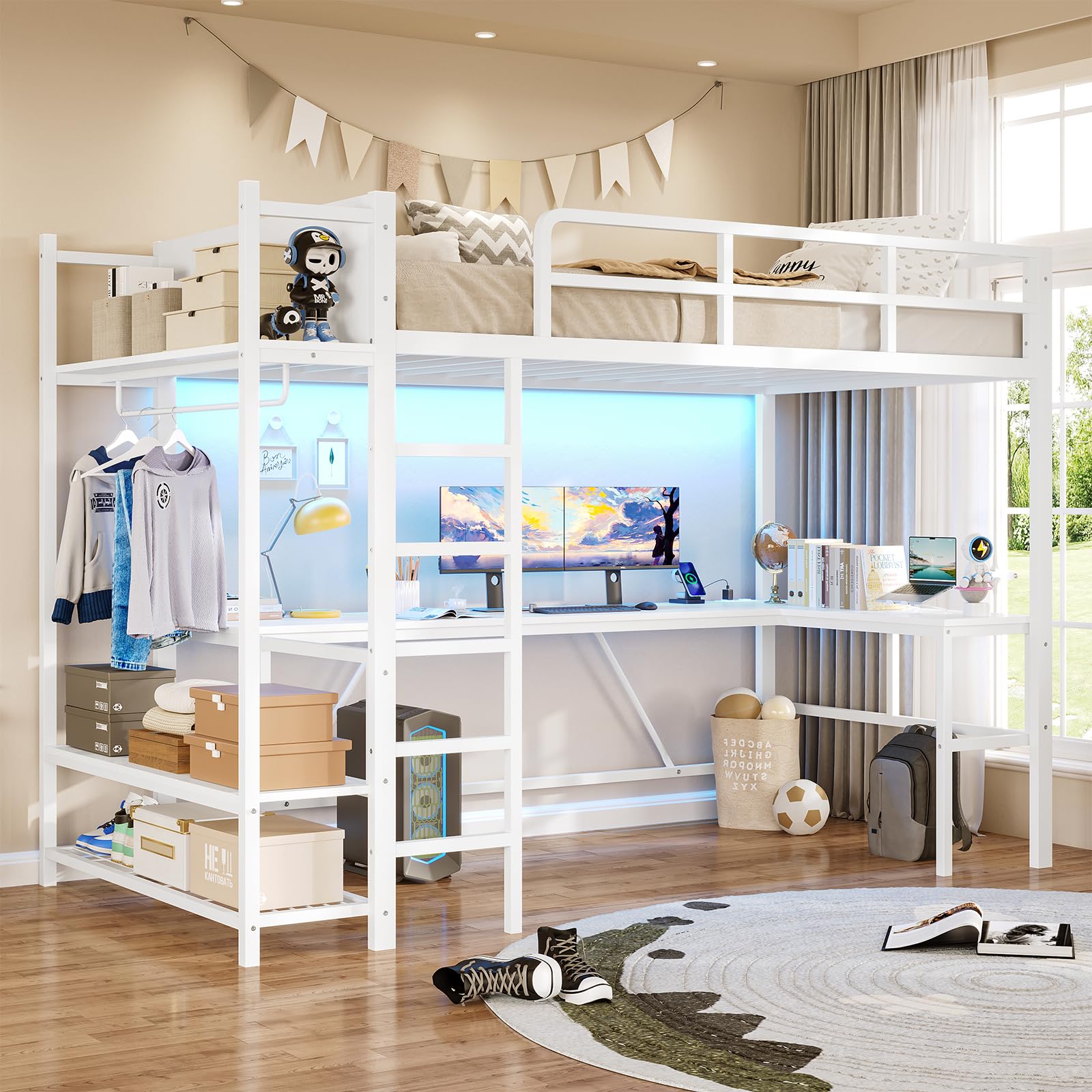 Loft Bed with L-Shaped Desk, LED Lights and Charging Sation, Loft Bed Twin Size with