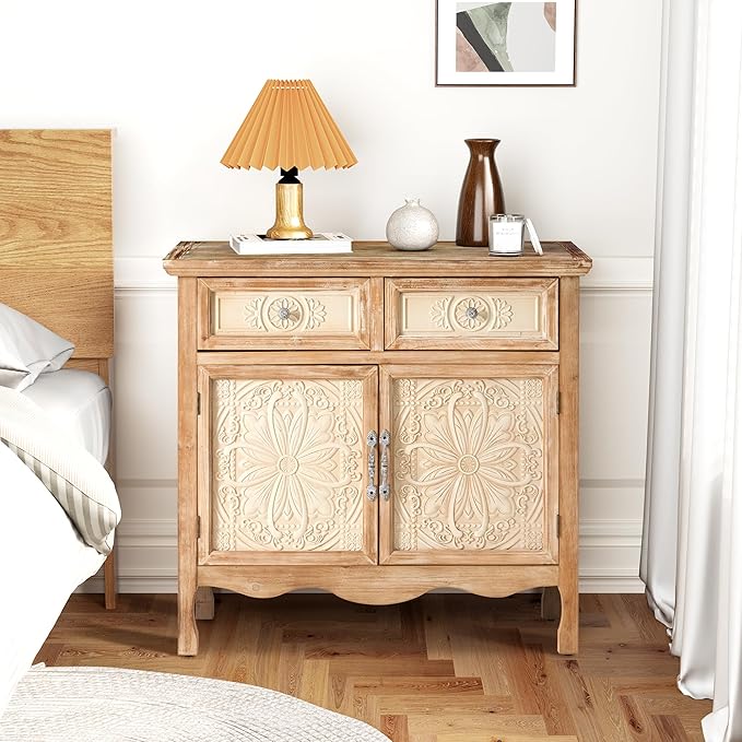 Natural Flower Pattern Carved Wood Farmhouse Cabinet – Sideboard Storage Unit