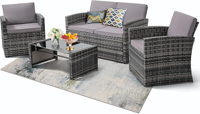 4 Pieces Patio Conversation Set, Outside Rattan Sectional Sofa, Cushioned Furniture Set