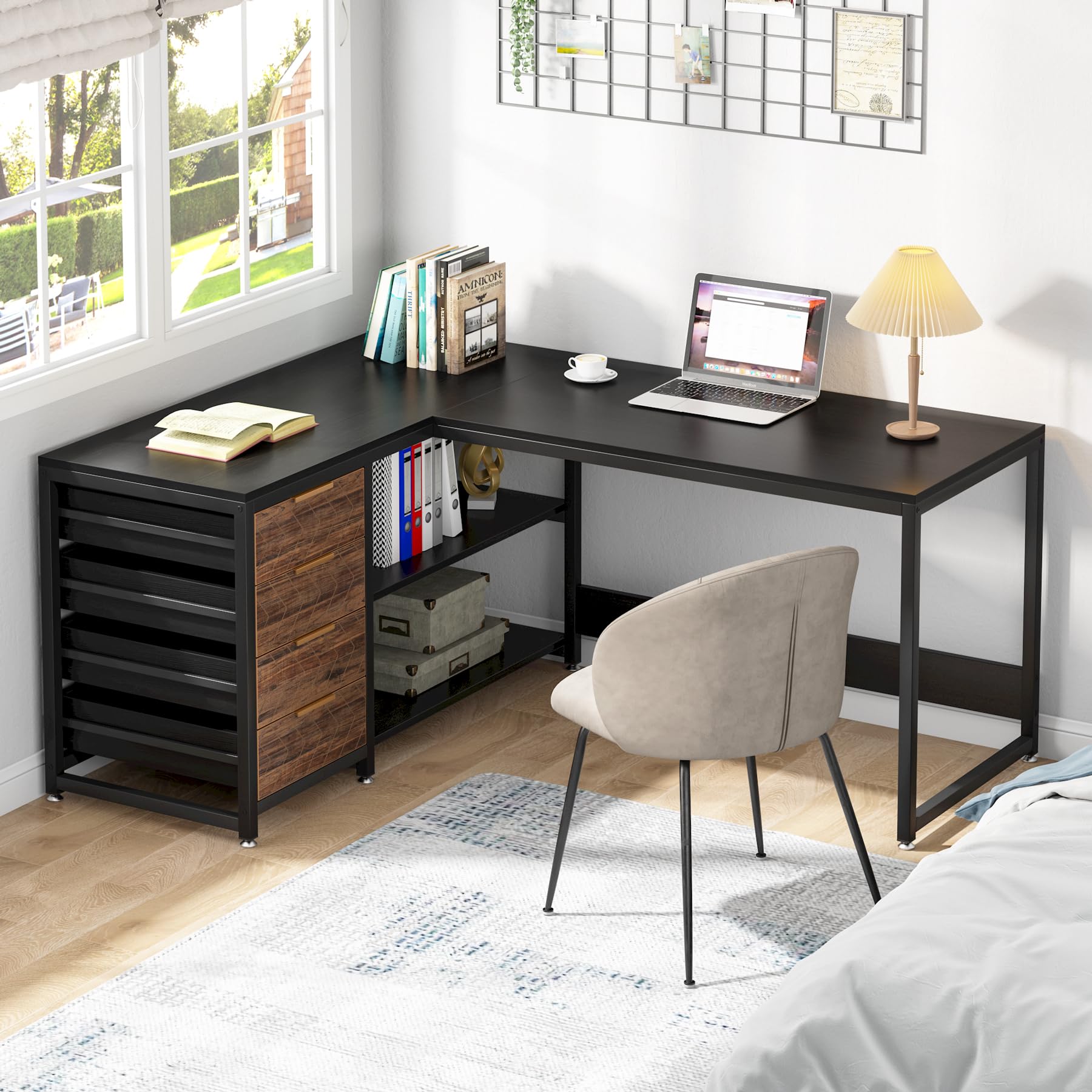 L Shaped Computer Desk with Storage Drawers, 59 inch Corner Desk with Shelves