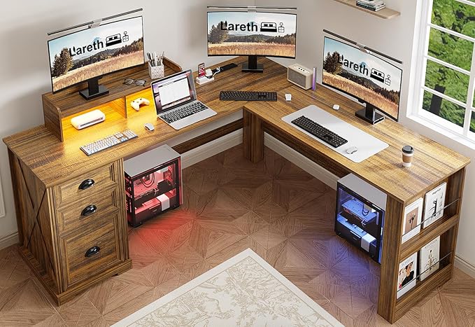 L Shaped Desk with Monitor Stand Farmhouse Computer Desk