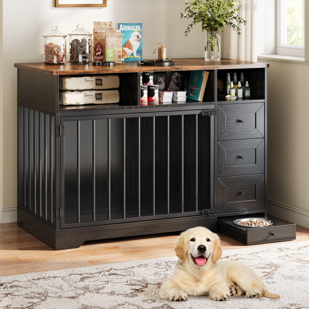 48" Farmhouse Dog Crate Furniture with Storage Drawers