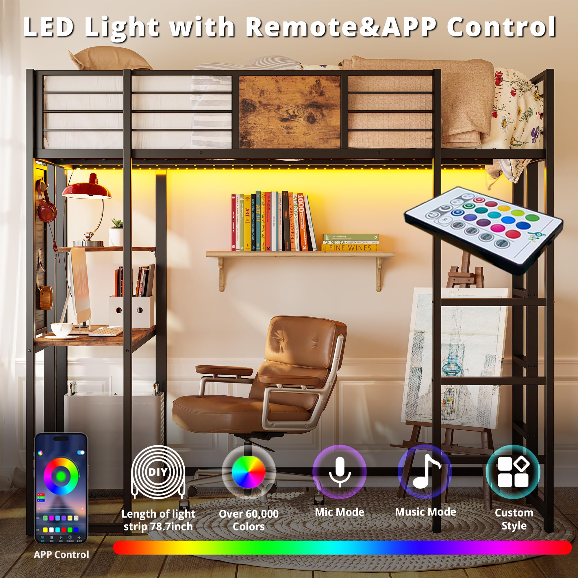 Loft Bed Twin Size with Desk and Shelves for Teens Adult