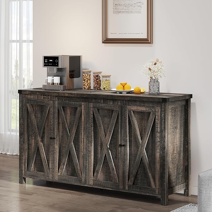 Farmhouse Sideboard Buffet Cabinet with Storage with 4 Doors, 55'' Large Kitchen Storage Cabinet,