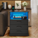 Nightstand with Charging Station and LED Lights, Large Bedside Table with 3 Storage Drawer