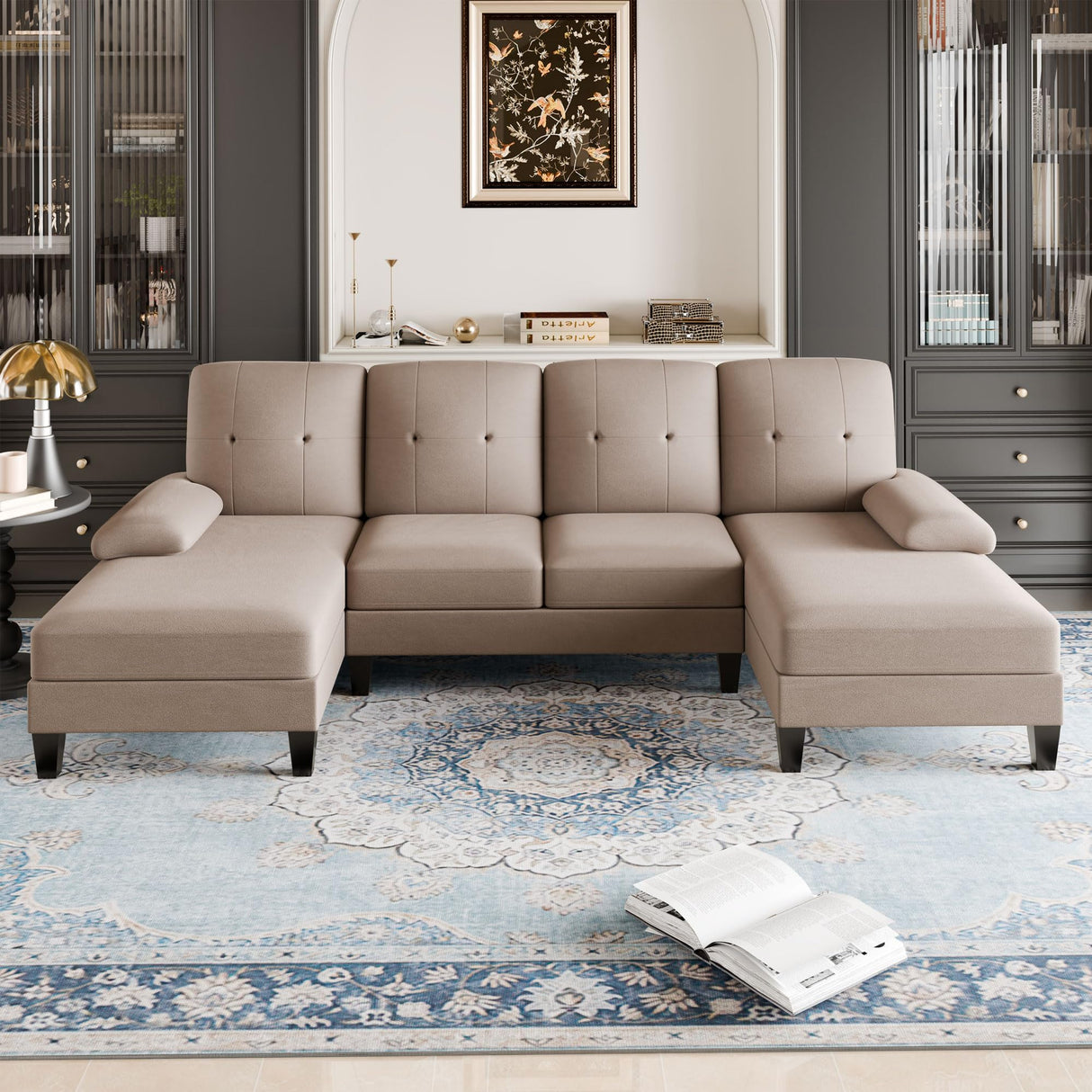 Sectional Sofa Couch, U-Shaped Sofa Couch with Double Chaise, 4-Seat Sleeper Sofa