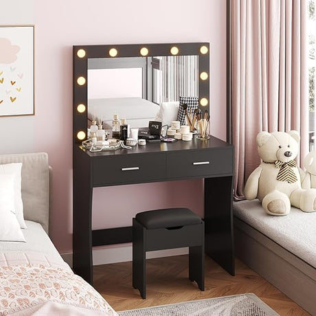 Vanity Desk with Mirror, 11 Adjustable LED Lights in 3 Colors, 2 Spacious Drawers