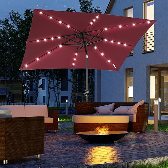 9' x 7' Solar Umbrella, LED Lighted Patio Umbrella for Table or Base with Tilt & Crank