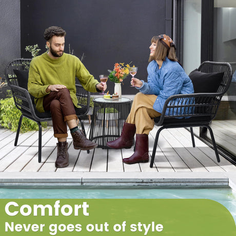 wildformers 3 Piece Rattan Wicker Bistro Set, Outdoor Conversation Furniture Set with Glass Top Table, Space Saving for Balcony, Backyard, Black