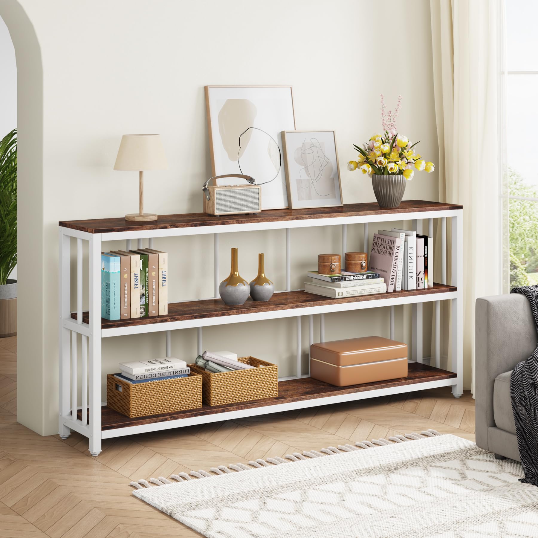 71" Industrial Console Table, 3 Tiers Sofa Table, Narrow Long Sofa Table