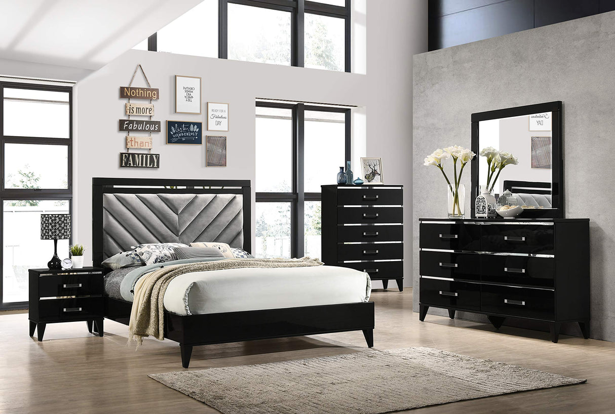 Madison 6-Piece King Size Black Bedroom Set. Bed, Dresser, Mirror, Chest & 2 Nightstands