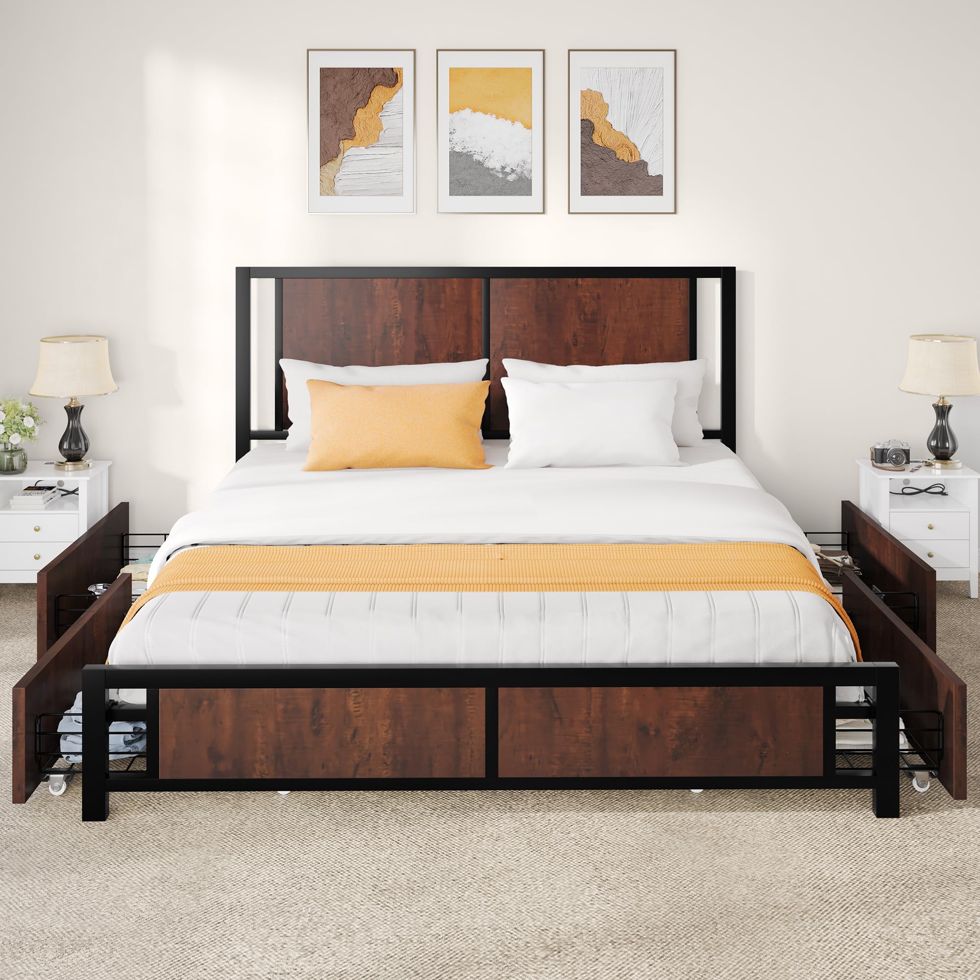 Queen Size Bed Frame, Metal Platform Bed with 4 Drawers, Rustic Wooden Storage Bed