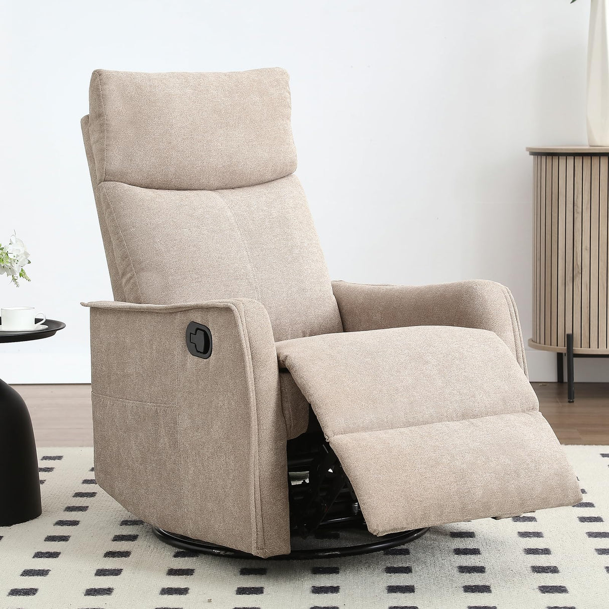 Swivel Recliner Chair for Adults, Overstuffed Recliner Glider with Massage and Heat, Comfy Soft Fabric, Living Room Reclining Sofa Chair, Khaki