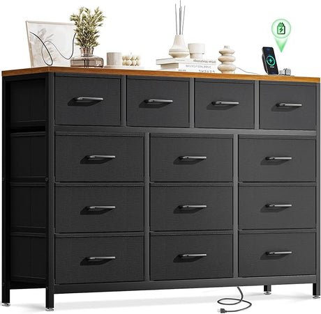 Dresser for Bedroom with Charging Station, 57" Long Dresser with 13 Storage Drawers