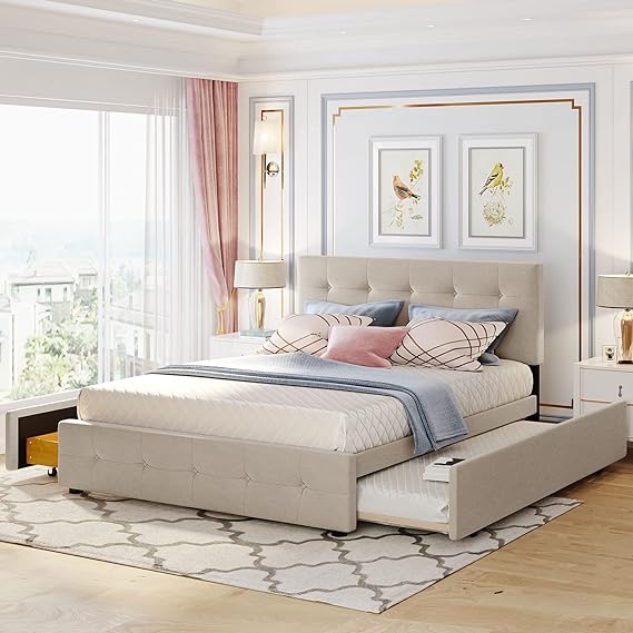 Queen Size Upholstered Bed with Trundle Bed and Two Storage Drawers Beige Tufted