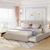 Queen Size Upholstered Bed with Trundle Bed and Two Storage Drawers Beige Tufted