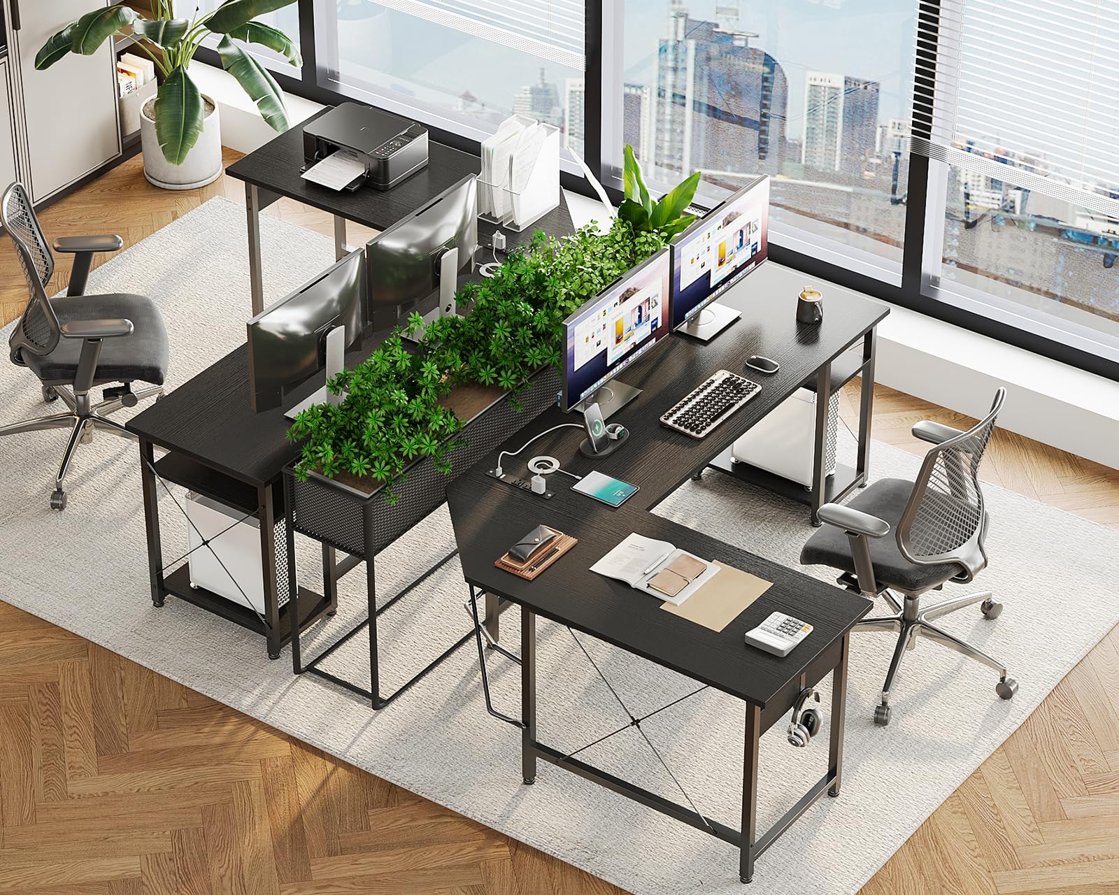 L Shaped Computer Desk 66" with Power Outlet & Storage Shelves