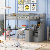 Wood Full Size Loft Bed Frame with Built-in L Shaped Desk & 3 Storage Shelves & Attached Storage Stairs for Kids