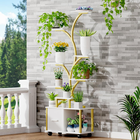 Gold Plant Stand Indoor with Grow Light, 9 Tiered Indoor Plant Shelf with Wheels