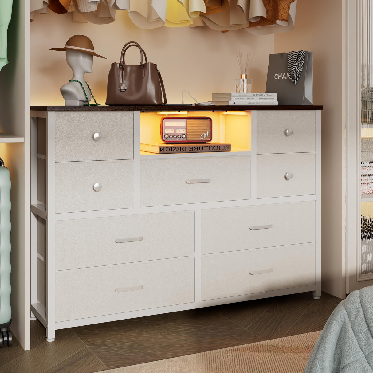 Dresser, White Dresser for Bedroom with LED Lights & Charging Station, TV Stand Dresser