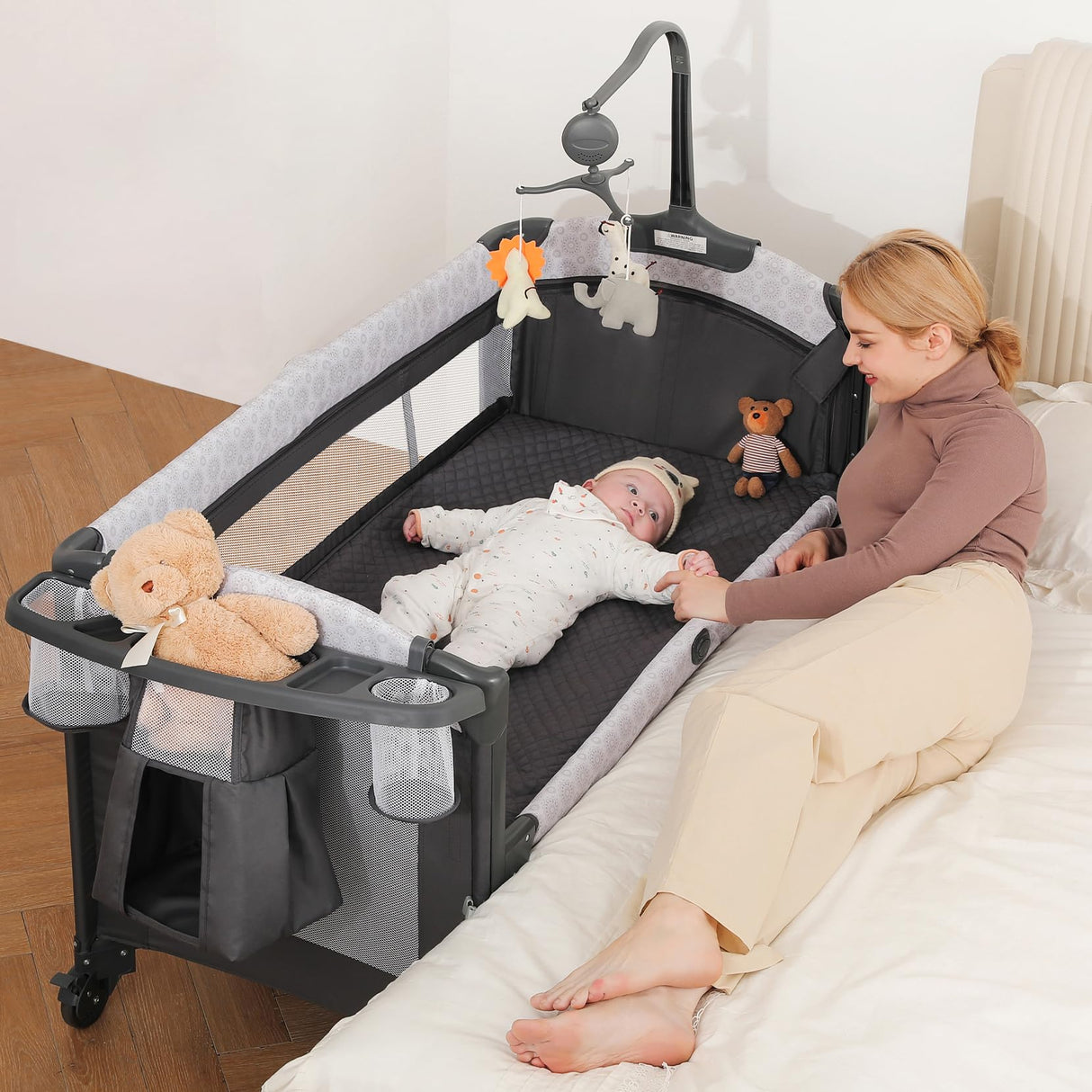 4 in 1 Wide Baby Bassinet Bedside with Diaper Changer,Long Next to Bed Crib