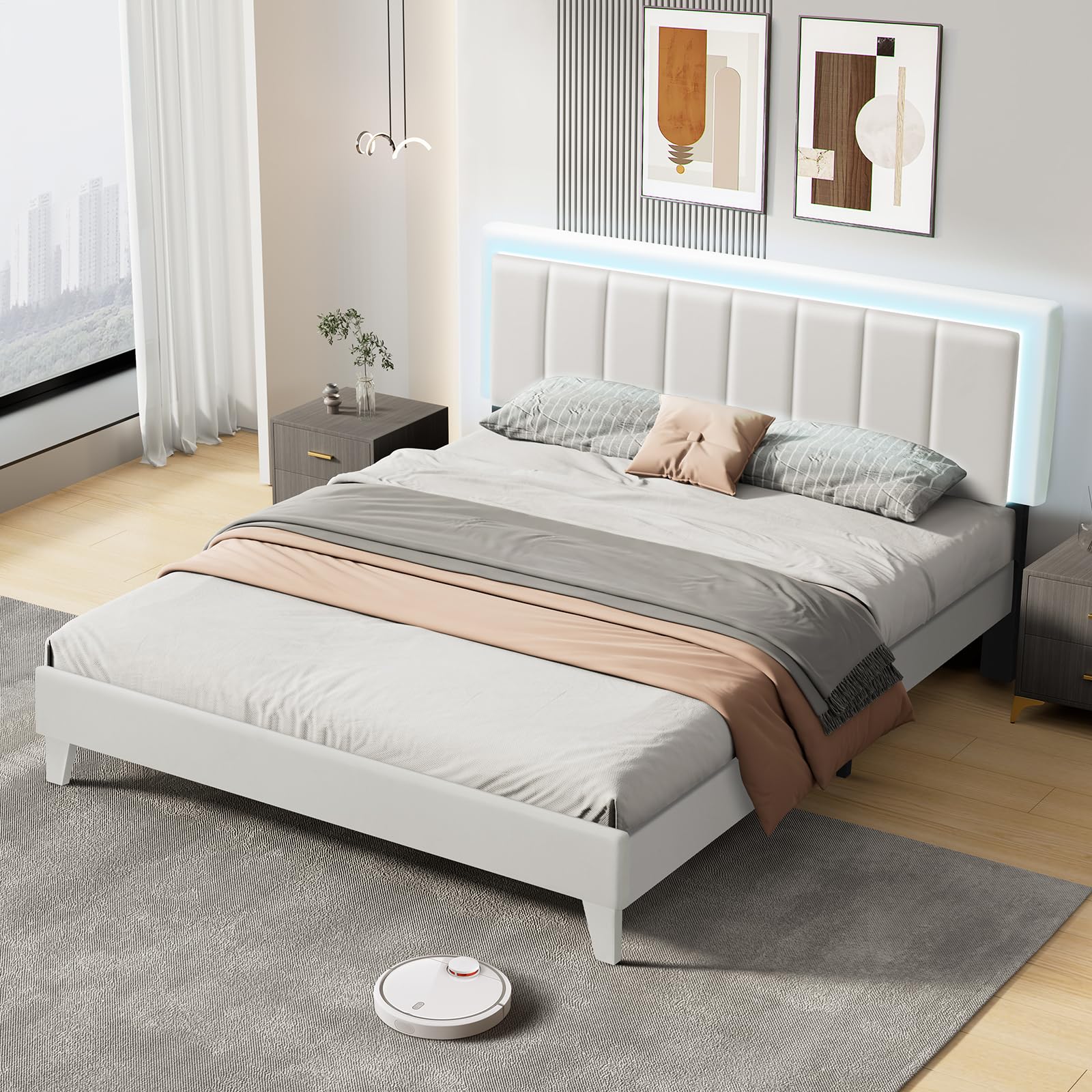 Queen Size Bed Frame with LED Lights, Upholstered Faux Leather Bed with Adjustable Headboard & Footboard,