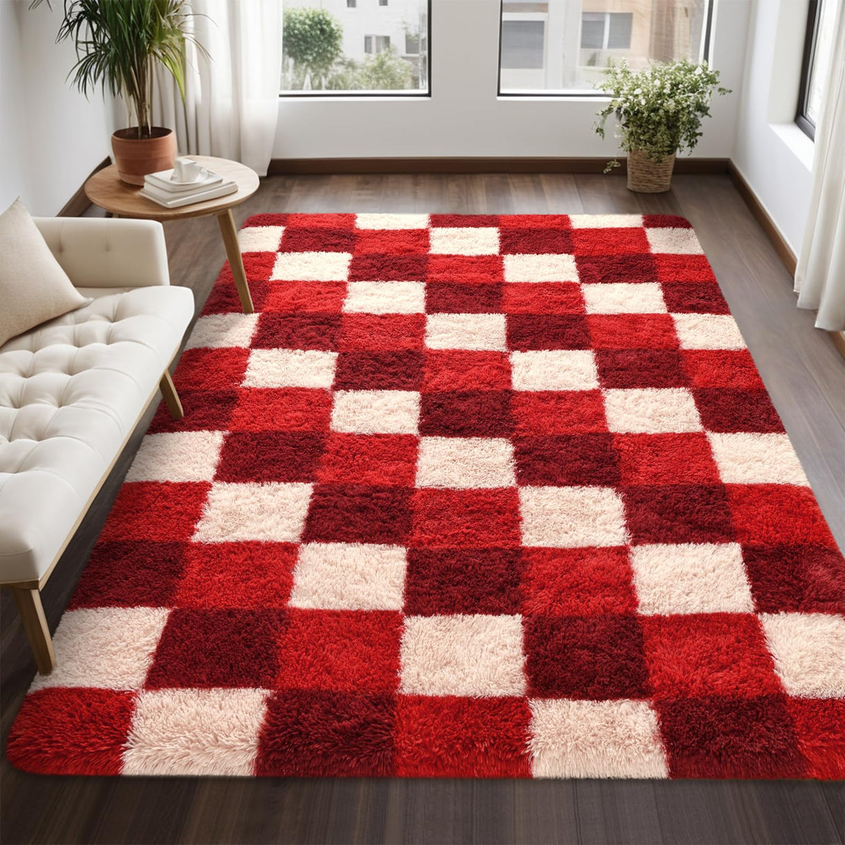 Luxury Fluffy Plaid Rugs for Bedroom Living Room, 4x6 Feet Burgundy Checkerboard Area Rug,