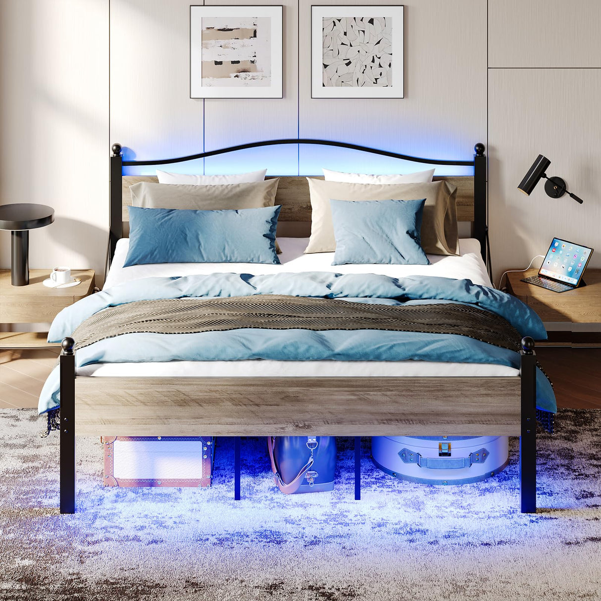 Queen Size Bed Frame with Headboard and Charging Station