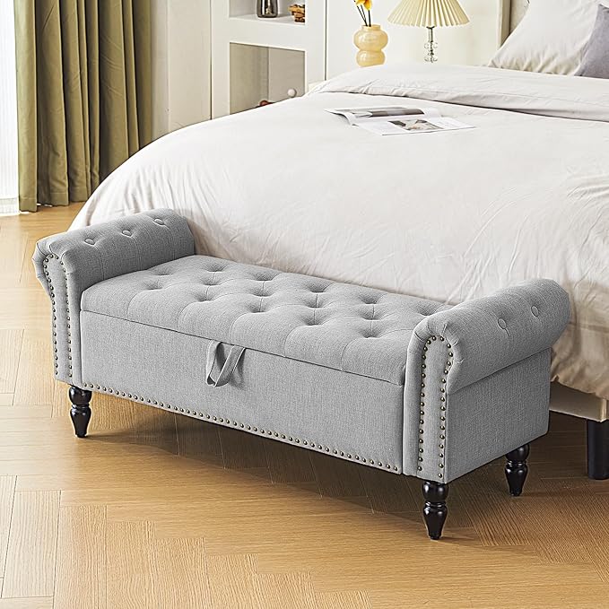 Storage Ottoman Bench for Queen Size Bed, Faux Linen Upholstered Storage Bench Accent Bench with Rolled Arms for Bedroom,Living Room, Entryway, 2.5Cubic Feet