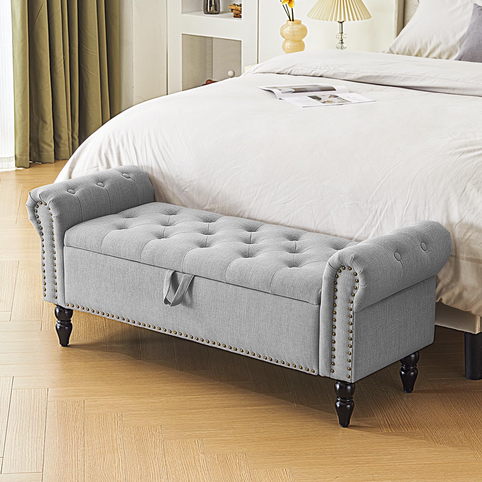 Storage Ottoman Bench for Queen Size Bed, Faux Linen Upholstered Storage Bench