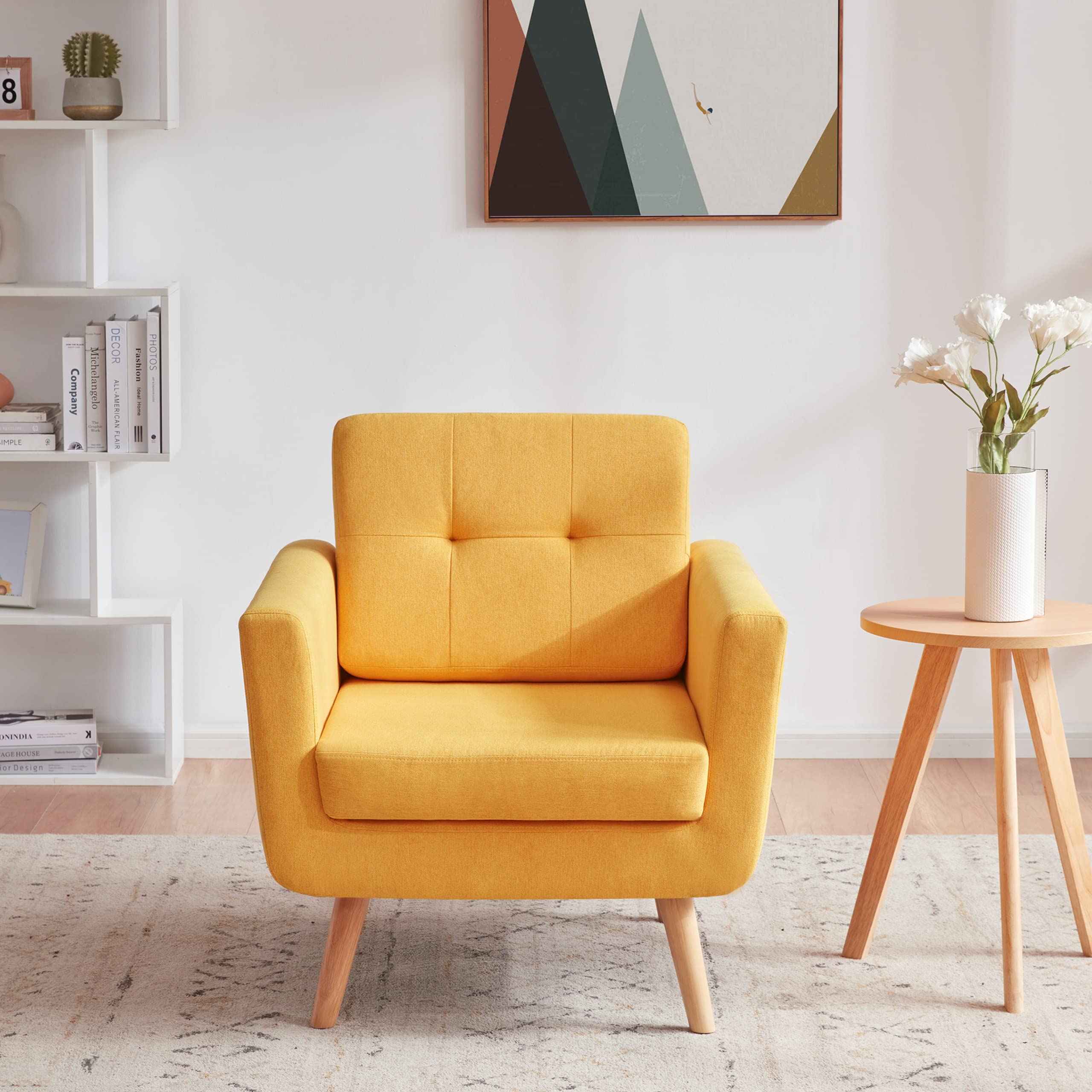 Linen Fabric Accent Chairs Set of 2, Mid Century Modern Armchair for Living Room