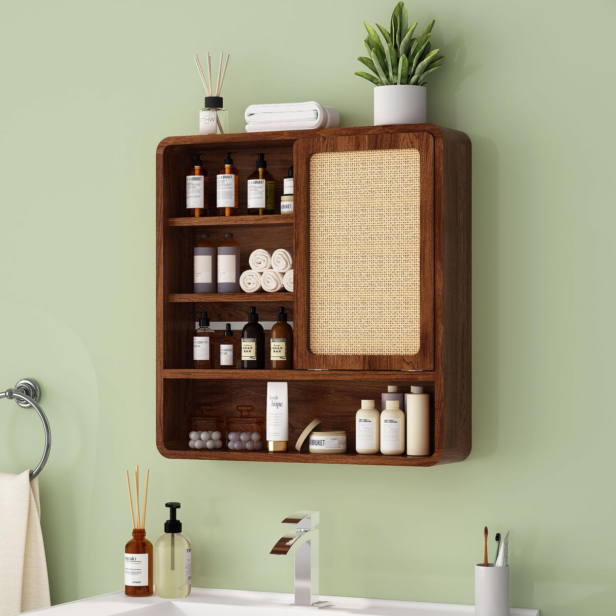 Wall Bathroom Cabinet with Flax Sliding Door, Wood Medicine Cabinet