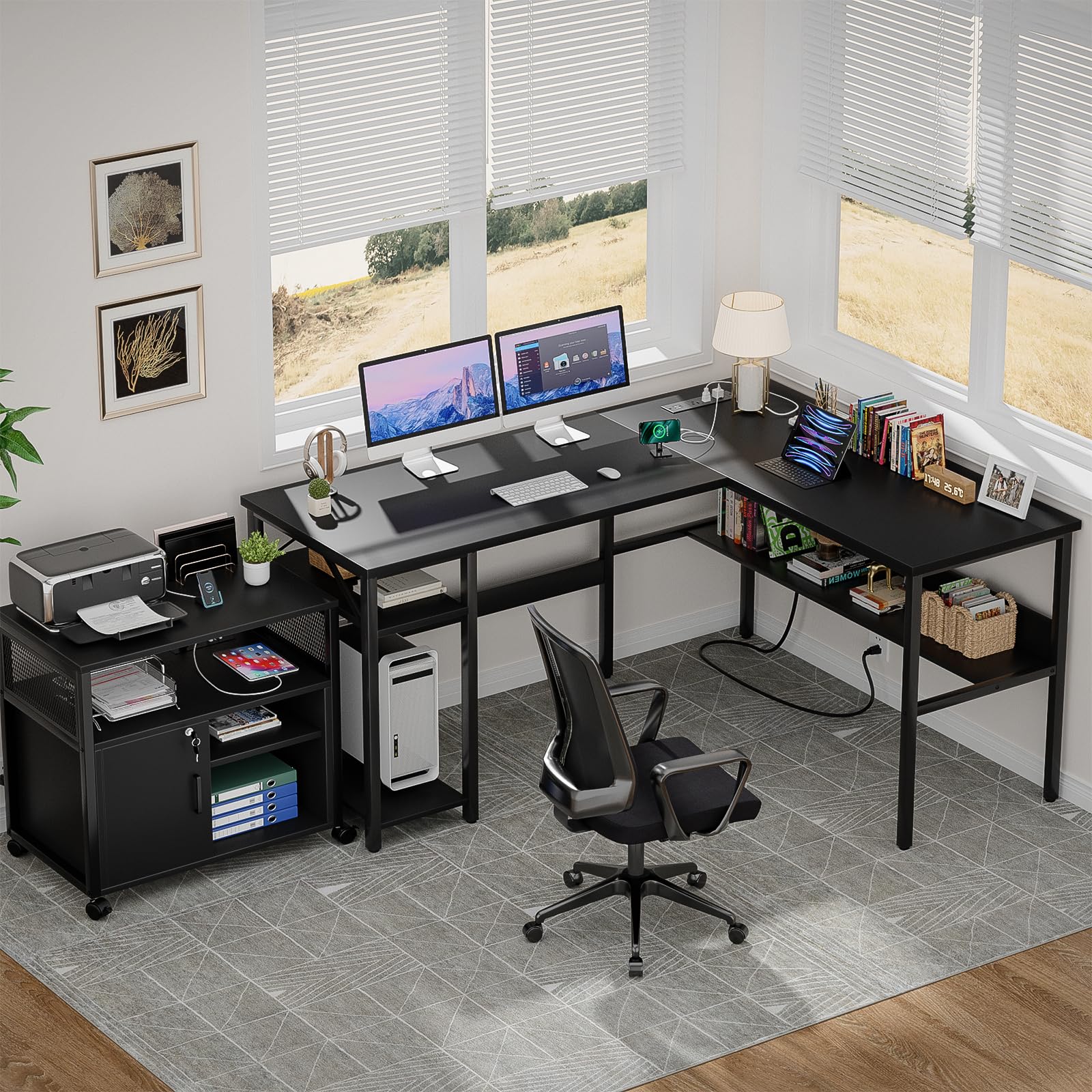 Reversible L Shaped Desk with Magic Power Outlets and USB Charging Ports
