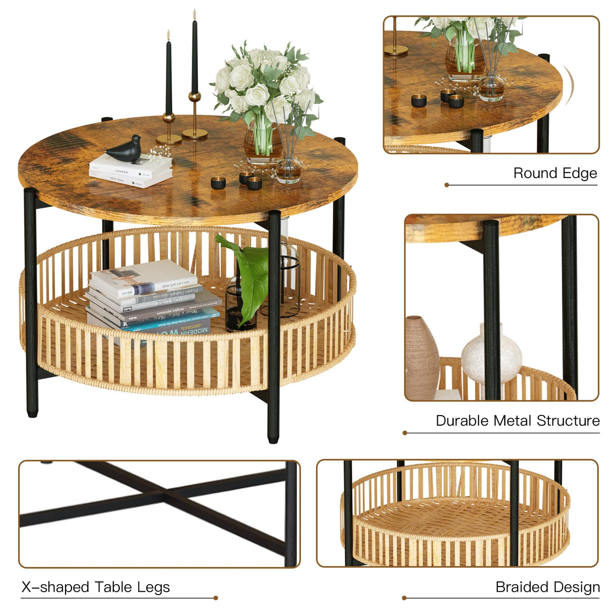 3 Pieces Coffee Table Set for Living Room, 2 Tier Round Rattan Coffee End Side Table