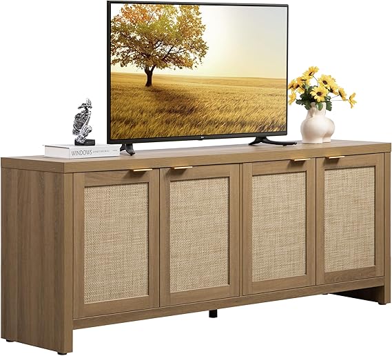 Boho TV Stand with Rattan Cabinets for 45-65 Inch TVs