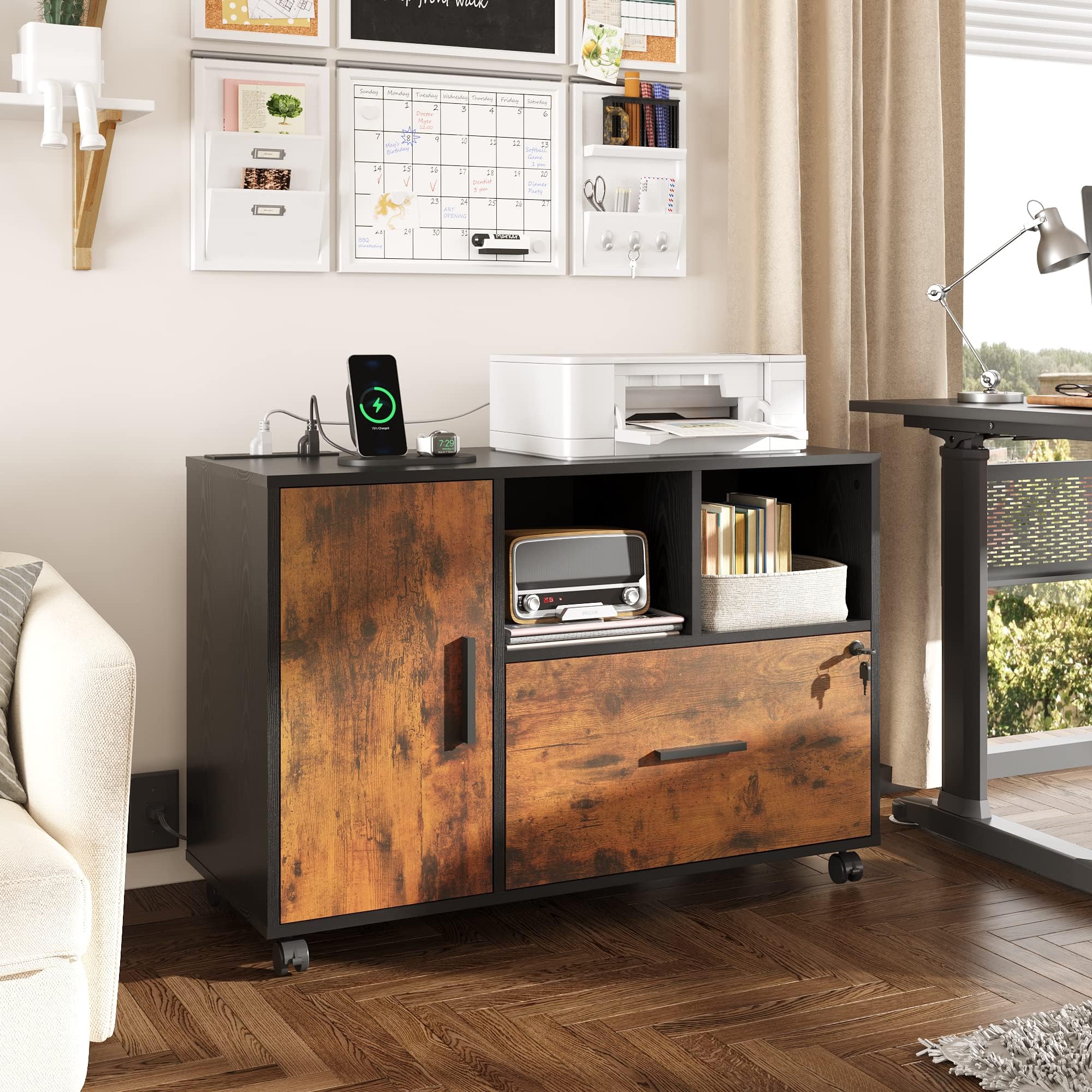 File Cabinet with Charging Station, 1 Drawer Rolling File Cabinet