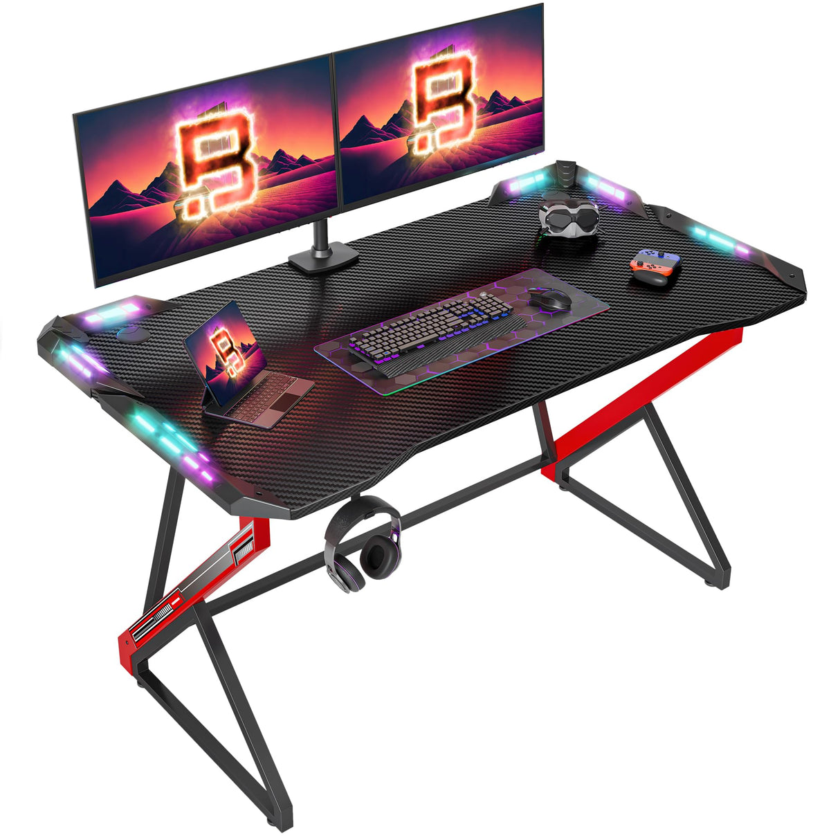 Gaming Desk with LED Lights, 47 Inch Computer Desk for Home Small Space, Gaming