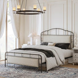 Queen Bed Frame with Headboard, Farmhouse Metal Platform Bed Linen Upholstered Bed Frame with Strong Wood Slats Support,