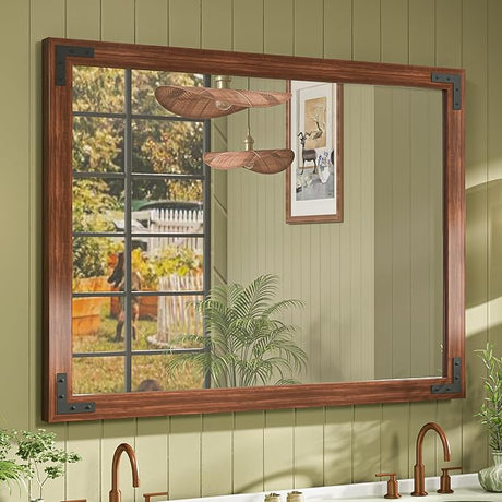 Brown Wood Framed Wall Mirror for Bathroom 48 x 30 Rustic Brown Wooden Rectangle Frame Mirror for Natural Farmhouse Boho Decor