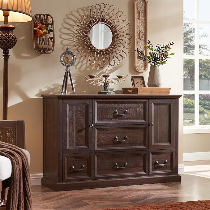 Farmhouse 5 Drawers Dresser for Bedroom, 47" Tall Chest of Drawers w/Sliding Barn Door,