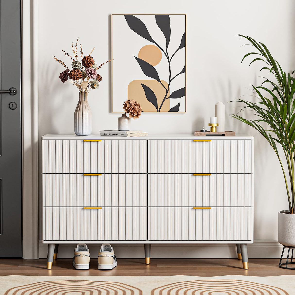 White Dresser, Fluted White and Gold Dresser for Bedroom, 6 Drawer Dresser with Curved