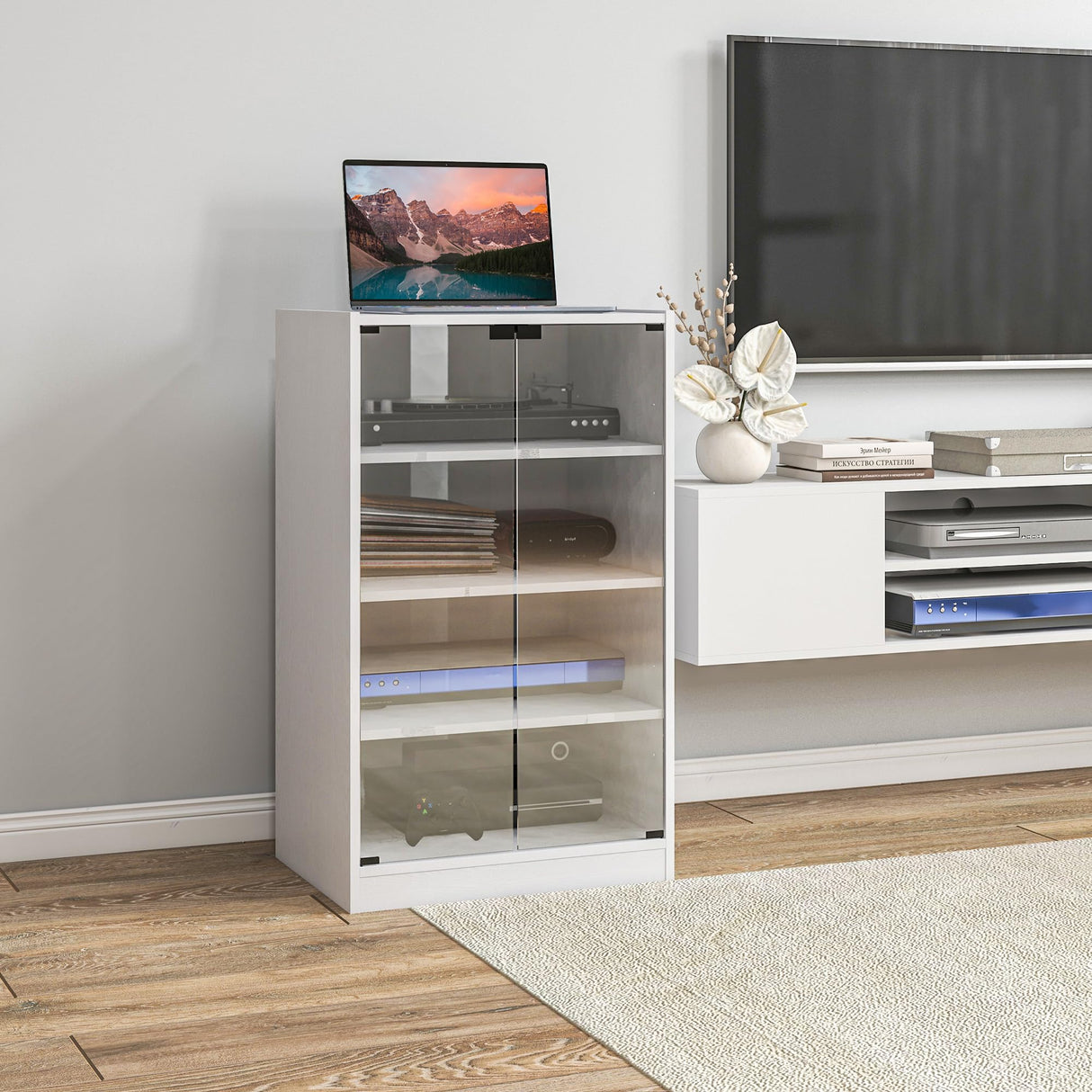 Media Cabinet, 4-Tier Stereo Cabinet, Modern Audio Video Media Stand