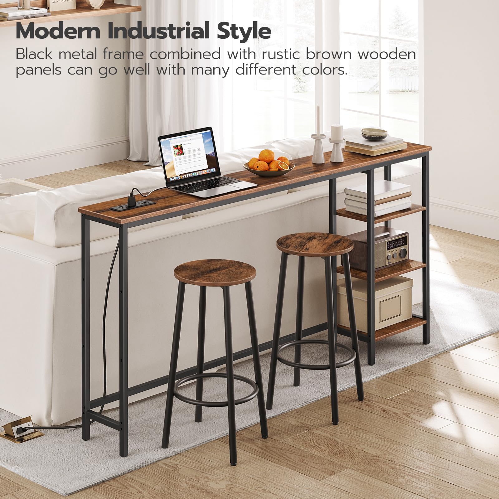 63" Console Table with Power Outlet and Storage Shelves